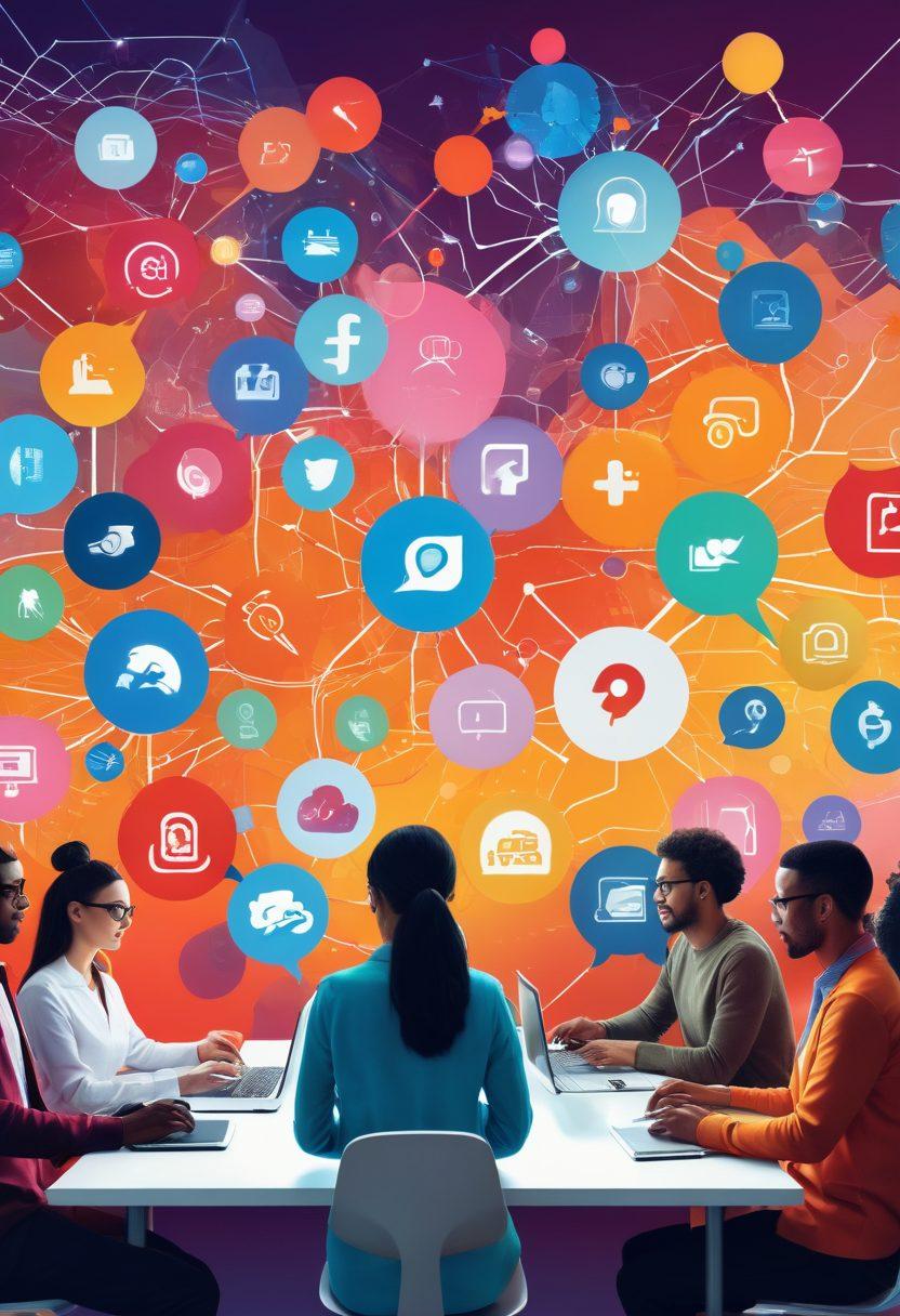 A diverse group of people from different cultures sharing ideas in a lively online environment, with colorful digital tools and icons representing collaboration, social media, and community engagement. The background features abstract, bright shapes symbolizing connectivity and creativity. super-realistic. vibrant colors. dynamic composition.