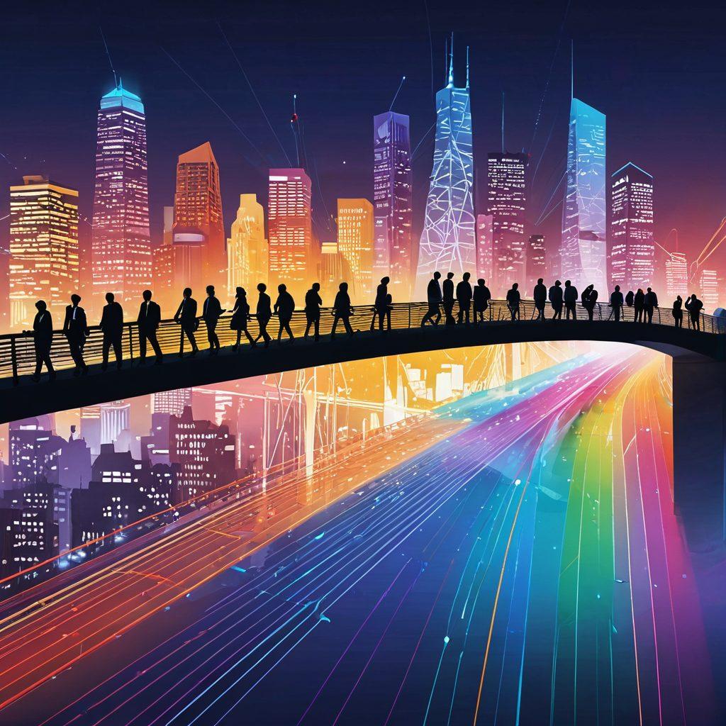 An illustration showcasing a diverse group of professionals connecting through a beautiful, modern bridge made of colorful data streams and light. The background features silhouettes of city skylines and elements representing information sharing like graphs, charts, and cloud symbols. Bright and inviting colors should convey warmth and potential collaboration. super-realistic. vibrant colors. 3D.