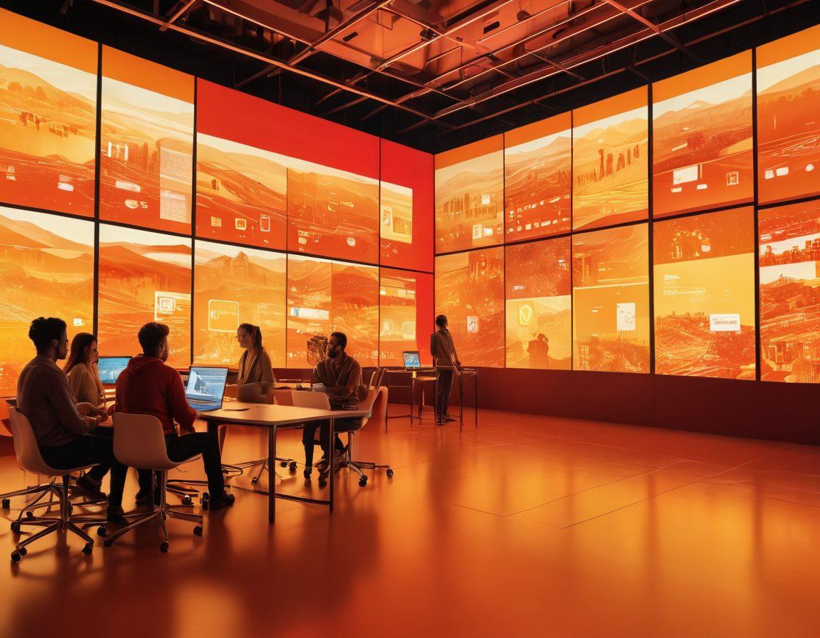 A vibrant digital landscape depicting diverse individuals collaborating around glowing screens, exchanging ideas symbolized by animated content flowing between them. Include elements like social media icons, collaborative tools, and a sense of community with warm colors representing connection. The background should feature abstract digital patterns to signify a thriving online ecosystem. super-realistic. vibrant colors. 3D.